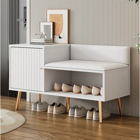 Nowoczesna ławka na buty z 3 drzwiami i poduszką - nogi i uchwyty metalowe - biała - 100 x 38 x 58 cm