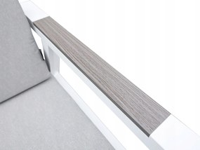 Zestaw mebli ogrodowych biały aluminium sofa fotele stolik drewniane detale