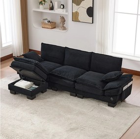 Zestaw wypoczynkowy z tkaniny sztruksowej 3-osobowy - 260 x 132 x 84 cm - z 1 pufem ze schowkiem + portem USB + kieszeniami - czarny