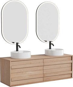 Szafka łazienkowa podwieszana  z litego dębu z umywalką nablatową okrągłą, baterią i lustrem - Jasny naturalny - 150 cm - SARLO