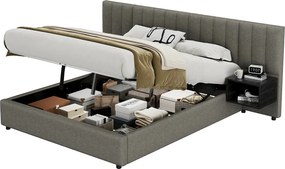Łóżko ze schowkiem 160 x 200 cm z dużym wezgłowiem i 2 szafkami nocnymi - Tkanina lniana - Szary + czarny (bez materaca)