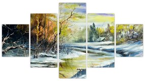 Obraz zimowej rzeki, obraz olejny (125x70 cm)