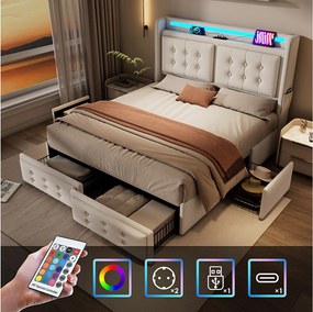 Łóżko tapicerowane 140 x 200 cm z 4 szufladami, zagłówkiem LED, gniazdem USB Type-C - Tkanina bawełniana - Beżowe (bez materaca)