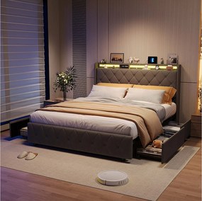 Łóżko 160x200 cm z 4 szufladami, oświetleniem LED, szafkami nocnymi ze schowkiem, otwartymi przegrodami, podstawą z listew, ładowarkami USB i typu C - Szare