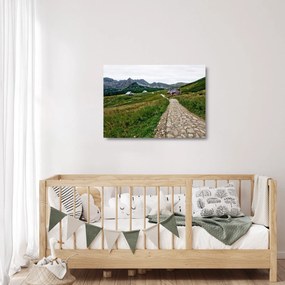 Obraz na szkle - Krajobraz górski z domami (70x50 cm)