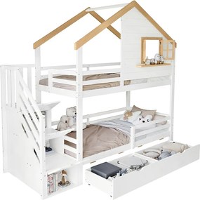 Łóżko piętrowe 90x200 cm - z schodami do przechowywania - z 2 szufladami - z dachem i oknami - Drewno lite + MDF - Białe + Naturalne