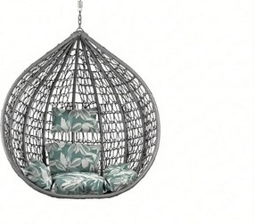 Szare wiszące krzesło KOKON bez stojaka, zielono-biała poduszka