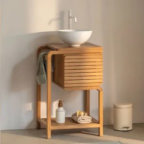 Zestaw Mebli Łazienkowych Z Drewna Tekowego Bradley Bezlusterkowiec & Biała ↑30 Cm Z Zaworem Spustowym Bez Przelewu Orveta & Okrągły Biały Ceramiczny