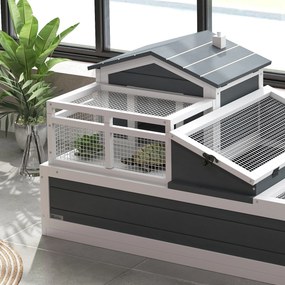 PawHut Domek dla żółwia, 2 poziomy, do użytku wewnętrznego i zewnętrznego, balkon, drewno jodłowe, szary | Aosom PL