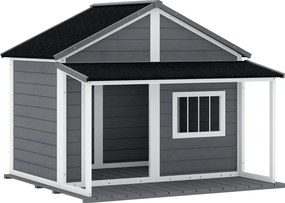 PawHut Domek dla psa na zewnątrz, z werandą, odporny na warunki pogodowe, 124 cm x 112 cm x 105 cm, Szary + Biały