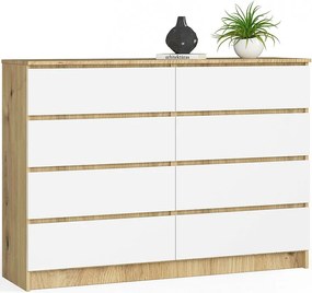 Komoda AKORD K140 Dąb Artisan 138 cm 8 szuflad kolor Biały mat 138x40x99 cm