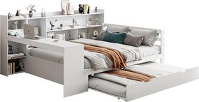 Łóżko wysuwane 140 x 200 cm + 90 x 190 cm - z biurkiem, przegródkami i portami USB - Sosna + sklejka + MDF - Białe