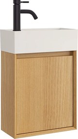 Wisząca szafka z umywalką do łazienki, umywalka z żywicy w kolorze białym mat i bateria – Jasny naturalny – 40 x 25,5 x 57 cm – SOREL