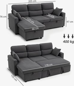 HOMCOM Regulowana sofa rozkładana w kształcie L, narożna sofa dla gości z funkcją łóżka, schowkiem, poduszkami, do salonu, pokoju gościnnego, szara
