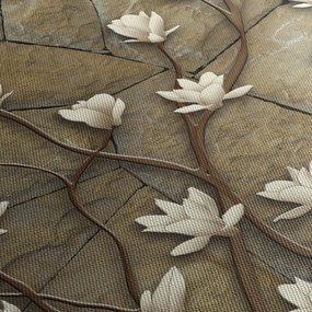 Obraz - Białe magnolie na murze kamiennym (70x50 cm)