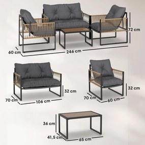Outsunny Zestaw mebli ogrodowych, 4-elementowy, Sofa, 2 Krzesła, Stolik z blatem szklanym, Konstrukcja metalowa, Polyrattan, Antracyt