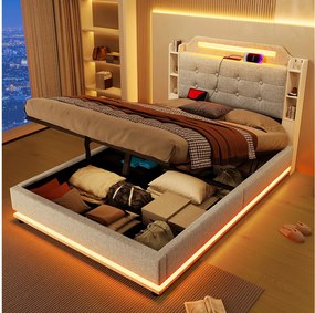 Łóżko tapicerowane ze schowkiem - 140 x 200 cm - z diodami LED + USB + TYPE-C - zagłówek ze schowkiem - len - beż