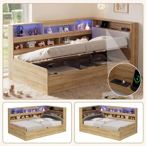 Łóżko hydrauliczne dla dzieci z pojemnikiem - 90 x 200 cm - z portem USB, diodami LED, półką do przechowywania i zagłówkiem - MDF - naturalne