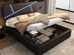 Łóżko z pojemnikiem 140x200cm z ekoskóry - z LED i stelażem na listwy - Czarne
