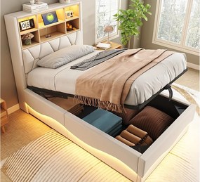 Łóżko dziecięce ze schowkiem 90x200 cm - z taśmą świetlną LED - z portem ładowania USB - len - beżowa (bez materaca)