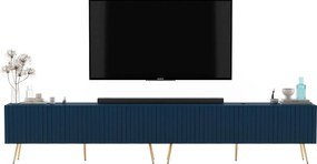 Szafka RTV z 8 drzwiczkami - Korpus granatowy mat, ryflowane fronty granatowy mat - 300 cm, złote nóżki