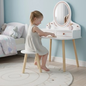 AIYAPLAY Dziecięcy Stolik do Makijażu Zestaw z Taboretem Lustrem Szufladami Drążkami na Ubrania dla 3-8 Lat 56 x 38 x 87,8 cm Biały | Aosom PL