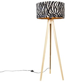 Lampa podłogowa drewniana z abażurem z tkaniny w pasy zebry 50 cm - Tripod Classic klasyczny/Antyczny Oswietlenie wewnetrzne