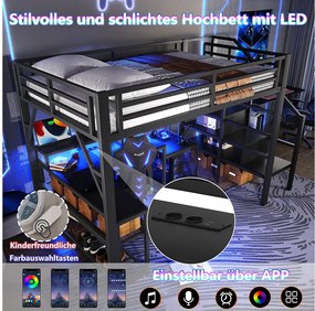 Łóżko piętrowe dla dzieci - 140 x 200 cm - rama żeliwna - z półką + drabinka + diody LED + biurko + port USB - metalowe - czarne