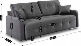 Sofa z Funkcją Spania FAVIO Wersalka Rozkładana Dwuosobowa Welurowa Szara Nowoczesna do Salonu