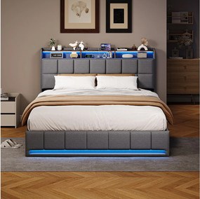 Łóżko z pojemnikiem 140x190 cm szare z lnu z oświetleniem LED RGB, wbudowanym USB i 3 szufladami do przechowywania, solidna rama 350 kg, styl nowoczesny