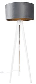 Nowoczesna lampa podłogowa trójnóg biała z szarym abażurem z weluru 50 cm - Tripod Classic Nowoczesny Oswietlenie wewnetrzne