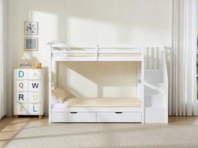 Łóżko piętrowe 90 x 190 cm z szufladami - Sosna i MDF - Białe + Materac - ZILENI