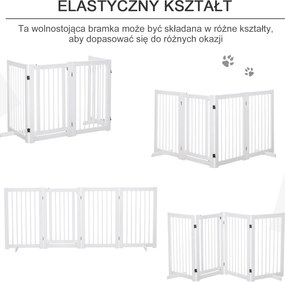 PawHut Bramka Zabezpieczająca dla Psów 4-elementowa, 220 x 91 cm Składana Bramka z Drzwiami, Wolnostojąca, z 2 Podpórkami, Ażurowa, Drewniana, na Korytarz, Kuchnię, Schody, Biała