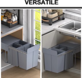 HOMCOM Kosz na śmieci z 3 pojemnikami na odpady do segregacji, system szynowy, wbudowany, zestaw 3 pojemników, Szary