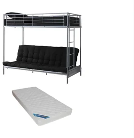 Łóżko na antresoli 90 x 190 cm - Z rozkładaną ławką - Metal - Srebrny + Futon + Materac - MODULO V