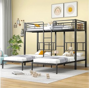 Łóżko piętrowe 90x200cm*3 - metalowe - czarne - bez materaca