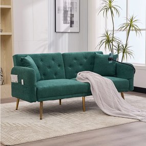 Sofa 2-osobowa z portami USB - Prosta sofa z uchwytem na telefon i kieszeniami bocznymi - Regulowane oparcie - Zielony aksamit