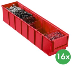 Plastikowy pojemnik do regału ShelfBox typ B - 91 x 400 x 81 mm, 16 szt., czerwony