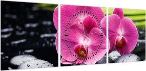 Obraz - Różowe orchidee z liściem palmy (z zegarem) (90x30 cm)