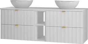 Biały Zestaw Łazienkowy 140cm Szafka z Blatem Regał Umywalka Ryflowane Fronty Arcos