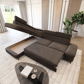 Masseno Narożnik AVISE z funkcją spania i pojemnikiem na pościel Narozniki L, Rozkładana sofa - Brązowy, MATT VELVET 29