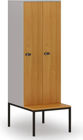 Drewniana szafa ubraniowa S4 z ławką, 2-drzwiowa, 1871 x 600 x 500/800 mm, demontaż, zamek mechaniczny z kodem, szary/buk