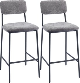 HOMCOM Zestaw 2 hokerów, tapicerowane wysokie krzesła do blatu kuchennego, domowego baru, oparcie, podnóżek, obicie z tkaniny, stal, szary