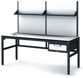 Antystatyczny stół warsztatowy ESD z panelem perforowanym i półkami, 1 skrzynka szufladowa na narzędzia, 1800 x 800 x 745-985 mm