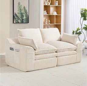 Modułowa sofa 2-osobowa w sztruksie - 191 x 94 x 85 cm - z 1 pufem + poduszki + 2 kieszenie - beżowa