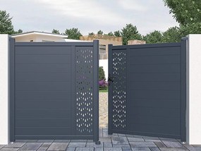 Skrzydłowa, elektryczna, pół-perforowana aluminiowa brama z wzorem Dł.305 x Wys.181 cm antracytowa GREGOR