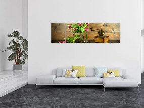 Obraz - tulipany, młynek i kawa (170x50 cm)