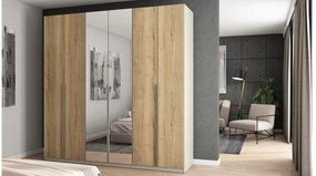 Szafa 6 drzwiowa z lustrem otwierana 240 x 240 cm – Kaszmirowy Beż / Dąb Halifax ze srebrnymi uchwytami