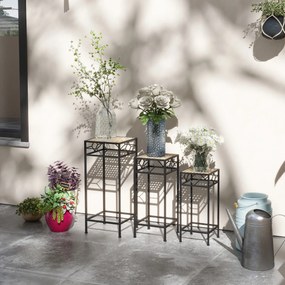 Outsunny Stojak na Rośliny, Zestaw 3 szt., okrągłe, składany, z efektem rattanu, metalowe nogi, do użytku wewnątrz i na zewnątrz, Czarno/Złoto