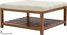 Duży Pikowany Kwadratowy Stolik Kawowy SucceBuy z Lnu, 87.5 cm, Pikowany Podnóżek z Półką do Przechowywania z Litego Drewna, Nośność 181,44 kg